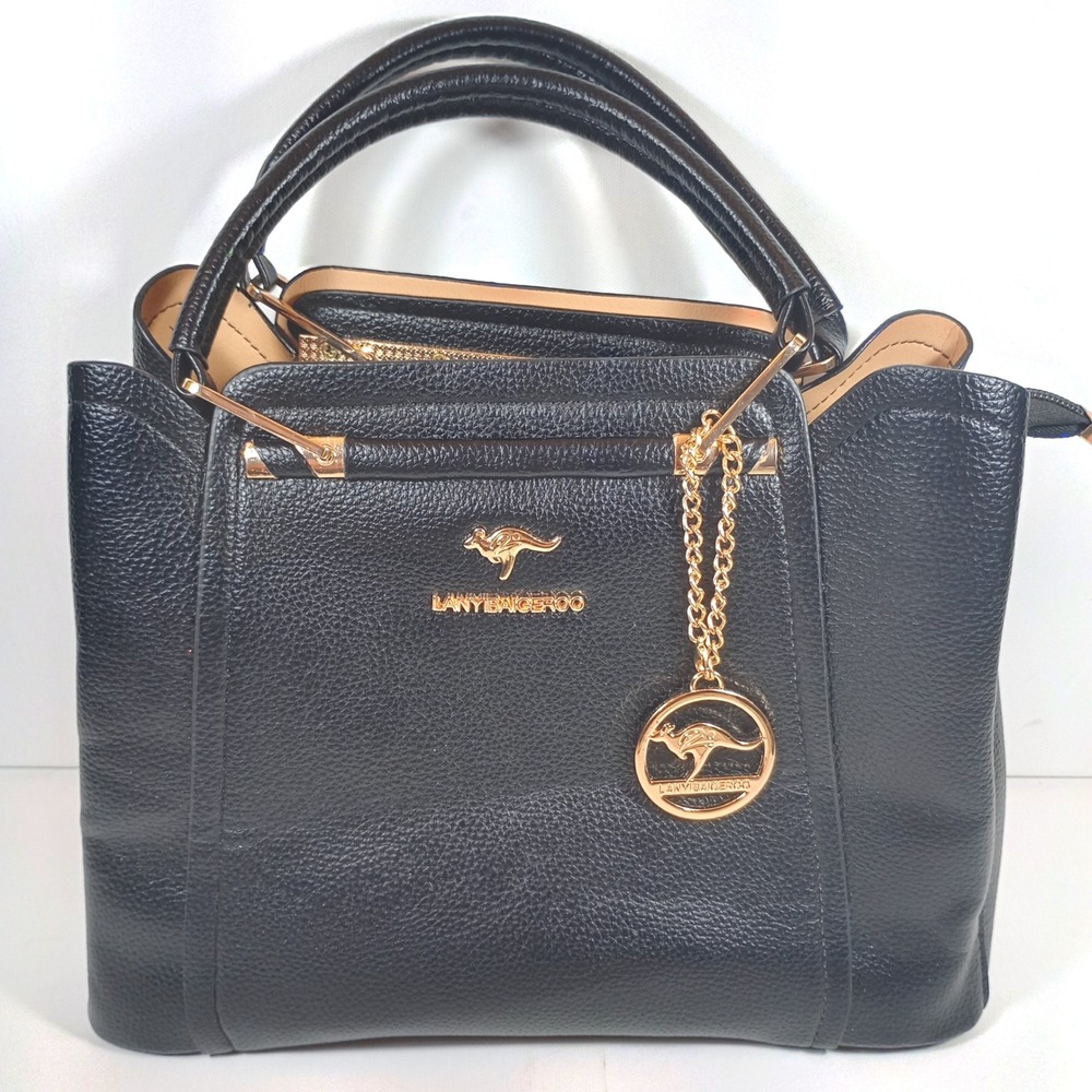 Lanyibaigeroo Black Pebbled Satchel Bag Gold Hardware Top Handle Shoulder Purse